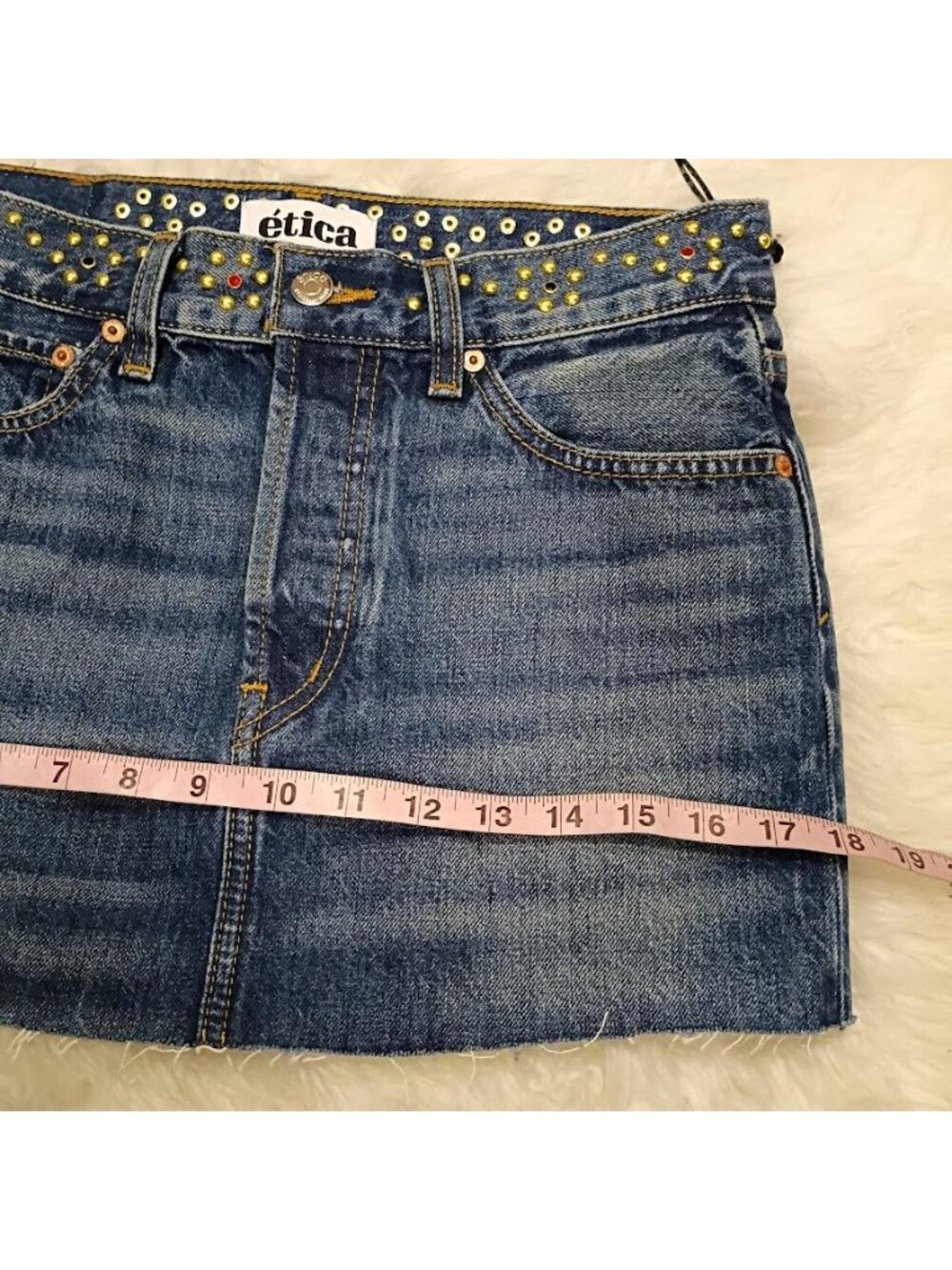Ética Womens Denim Mini Skirt Blue Size 24 Organic Cotton Studded Frayed Hem New - Picture 12 of 15